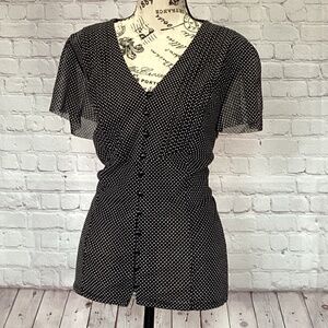 155. INC Black Polka Dot Retro Button Up Blouse EUC Size Large